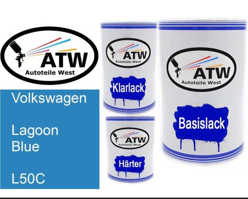 Volkswagen, Lagoon Blue, L50C: 500ml Lackdose + 500ml Klarlack + 250ml Härter - Set, von ATW Autoteile West.